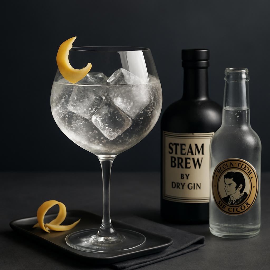 Steam Brew Destillery Dry Gin served with Thomas Henry Tonic Water, garnished with Thin slice of lemon peel
