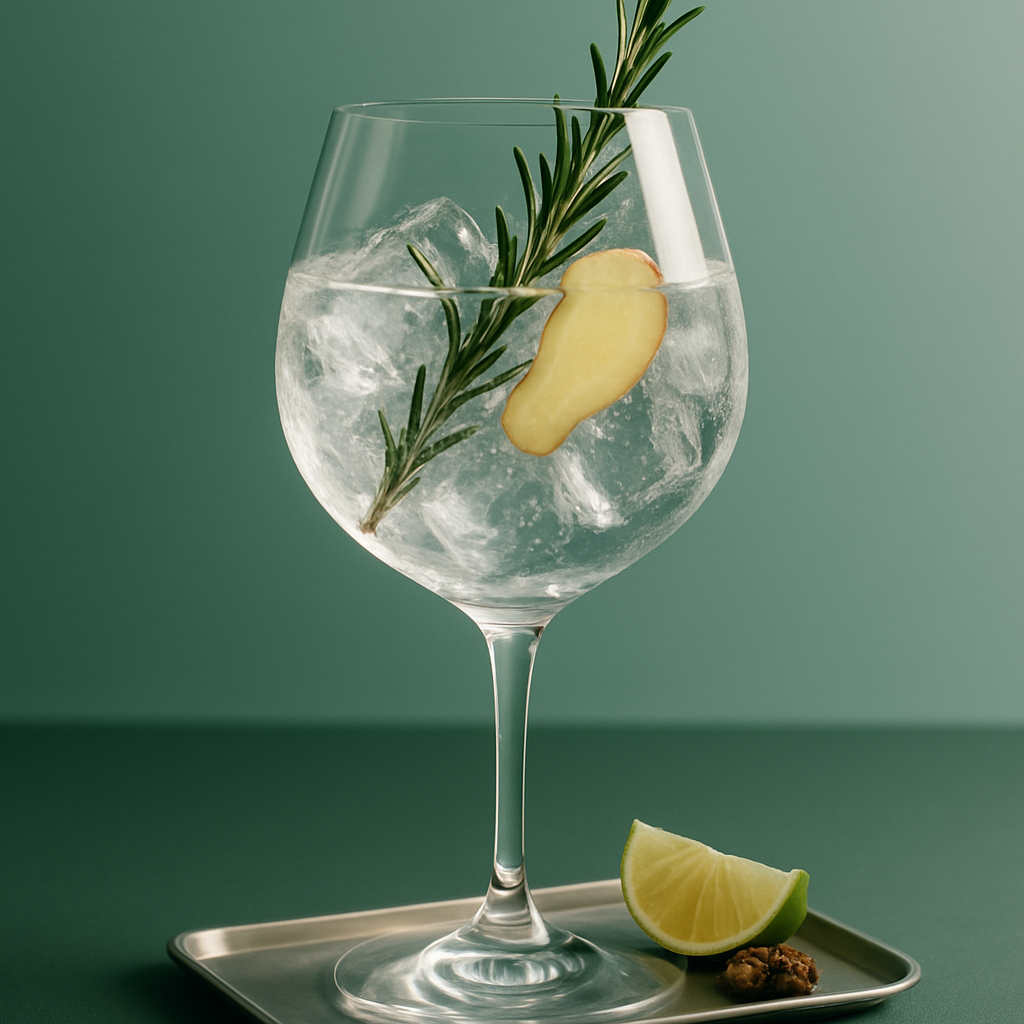 Tanqueray Malacca served with East Imperial Burma Tonic Water, garnished with lightly singed rosemary sprig and thin slice of fresh ginger