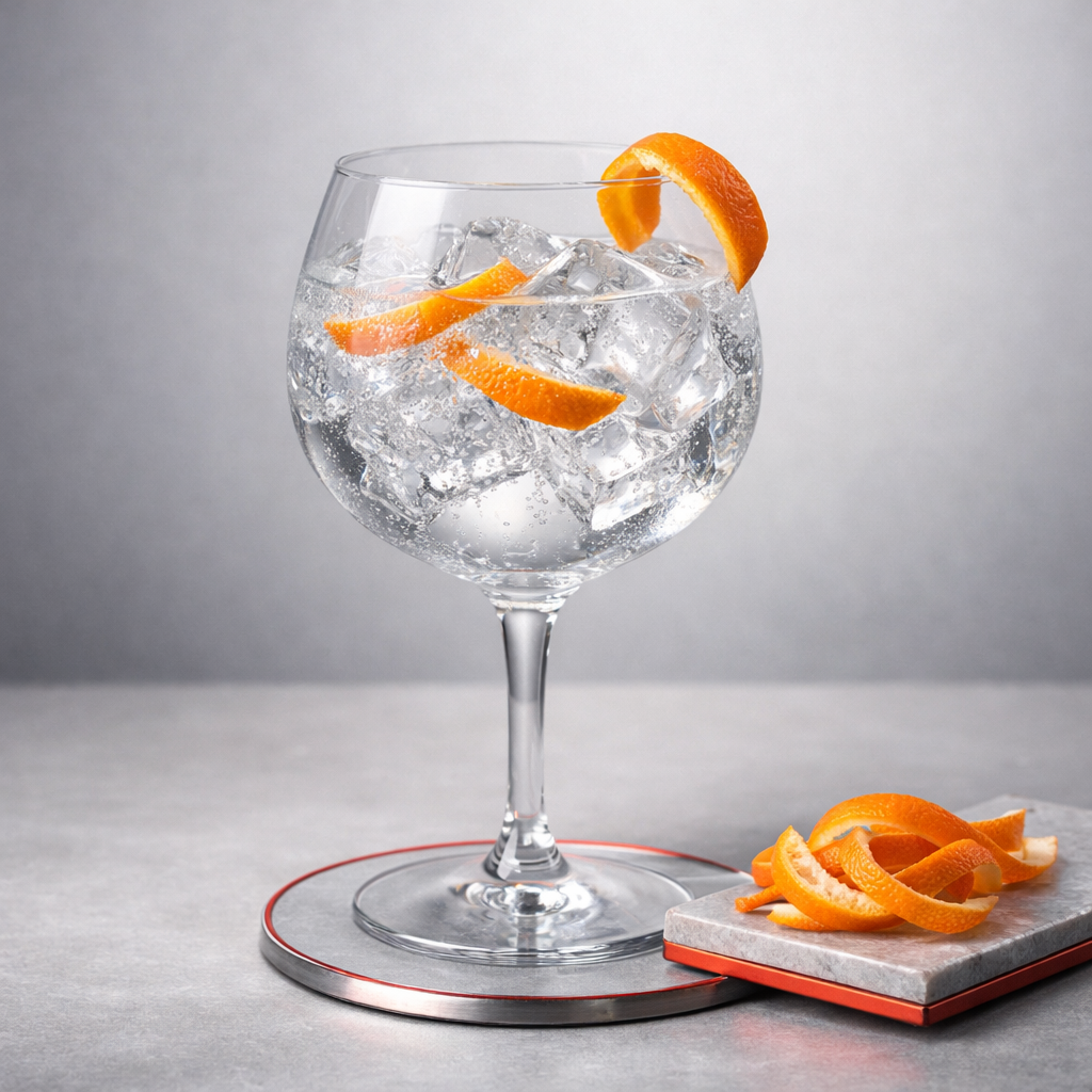 Silver Beefeater served with East Imperial Burma Tonic Water, garnished with Thin slice of Seville orange peel