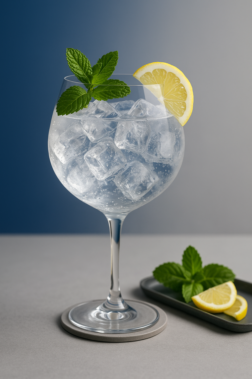 Sharish Blue Magic Gin served with Double Dutch Elderflower Tonic, garnished with Lemon Slice and Fresh Mint Sprig