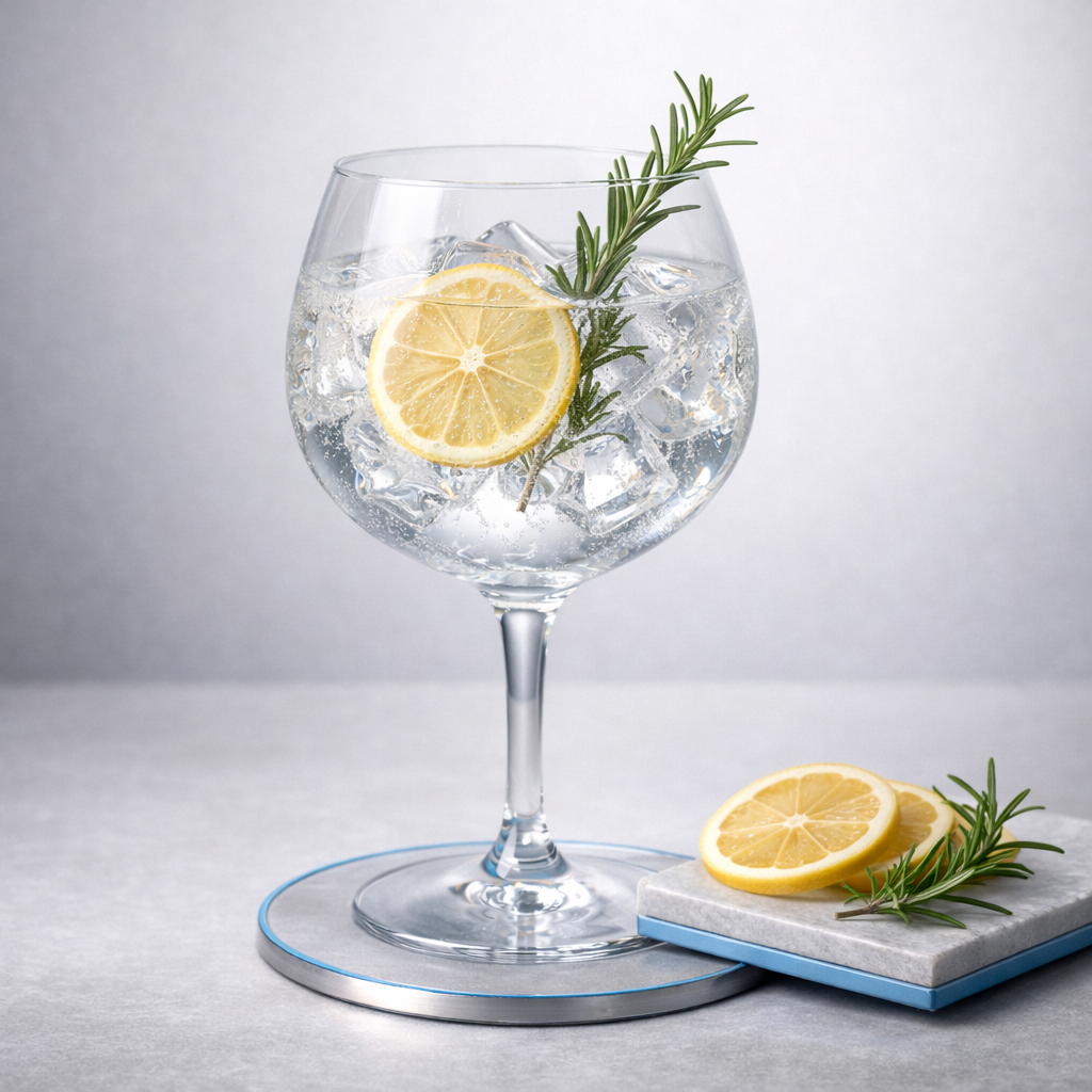 Bombay Sapphire served with Franklin & Sons Premium Indian Tonic Water, garnished with thin lemon slice and fresh rosemary sprig