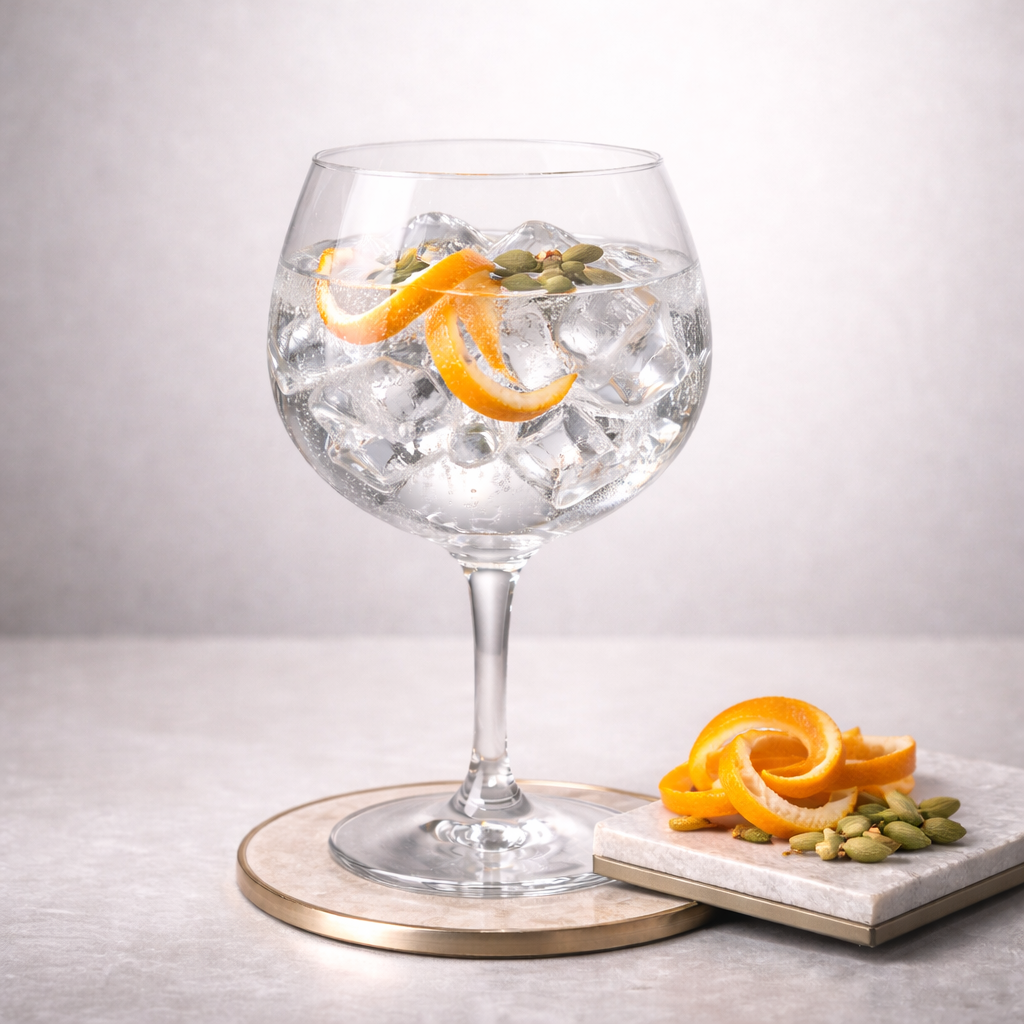 7 Dials London Dry Gin served with East Imperial Burma Tonic Water, garnished with Twist of clementine peel and Lightly crushed cardamom pod