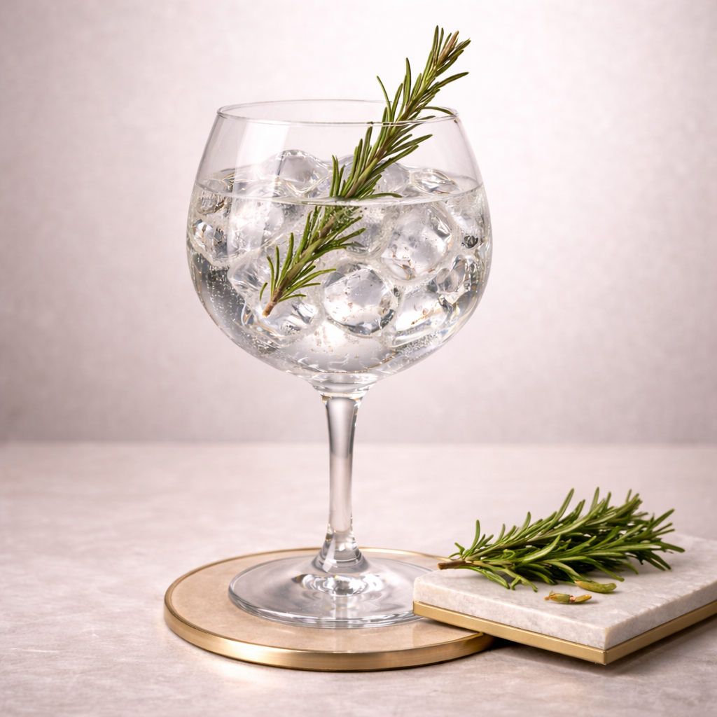 Ableforth's Bathtub Gin Navy Strength servi avec Franklin & Sons Rosemary & Black Olive Tonic Water, agrémenté de lightly singed rosemary sprig