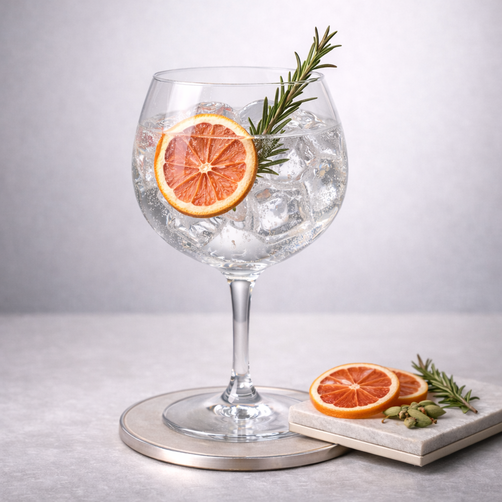 Alma Luz Dry Gin served with Fentimans Valencian Orange Tonic Water, garnished with dehydrated grapefruit wheel and lightly singed rosemary sprig