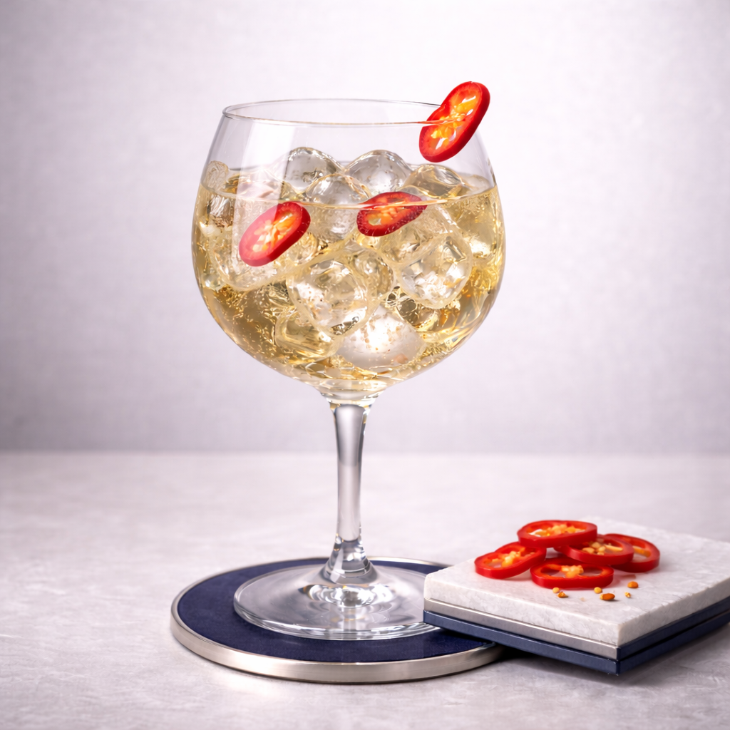 Opihr Oriental Spiced Gin served with Fever-Tree Ginger Ale, garnished with Thin slice of fresh red chili pepper