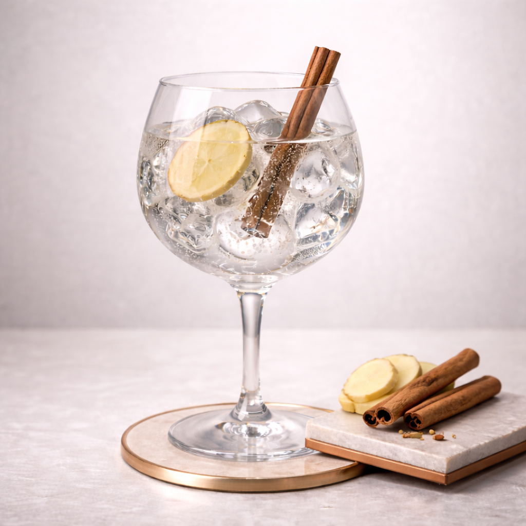 Sir Edmond Gin Bourbon Vanilla Infused Gin servi avec Thomas Henry Tonic Water, agrémenté de thin slice of fresh ginger et cinnamon stick