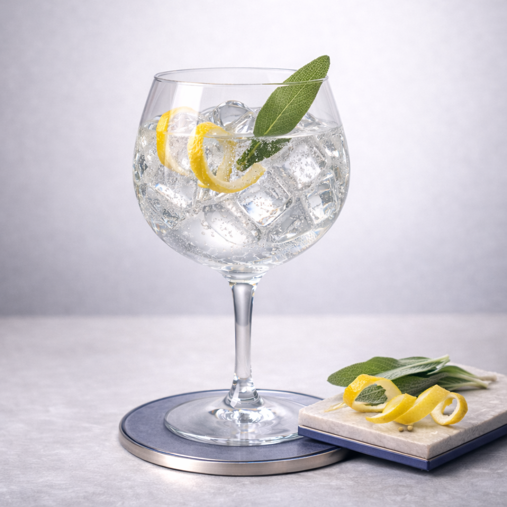 Engine Pure Organic Gin served with Fever-Tree Mediterranean Tonic Water, garnished with Fresh sage leaf, gently slapped and Thin lemon peel twist