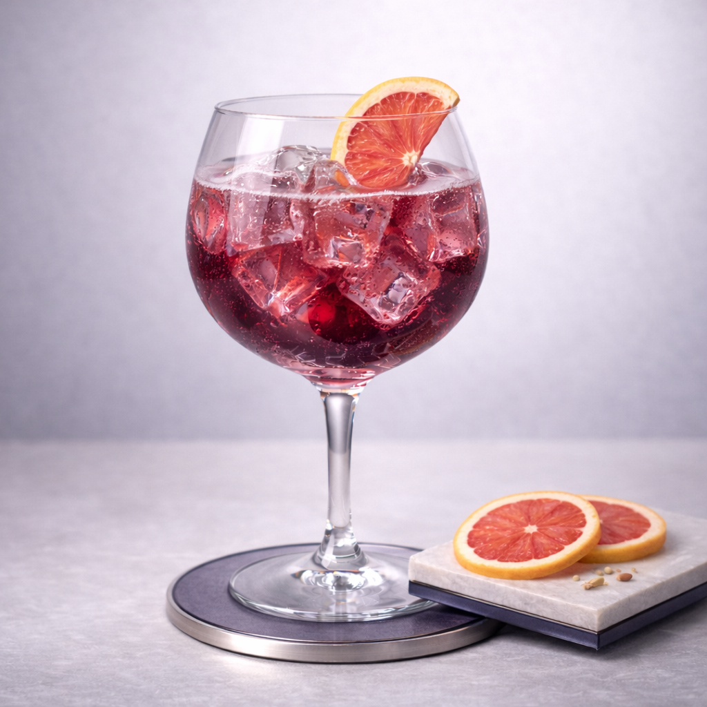 Four Pillars Bloody Shiraz Gin servi avec Fever-Tree Sicilian Lemon Tonic, agrémenté de thin slice of ruby grapefruit