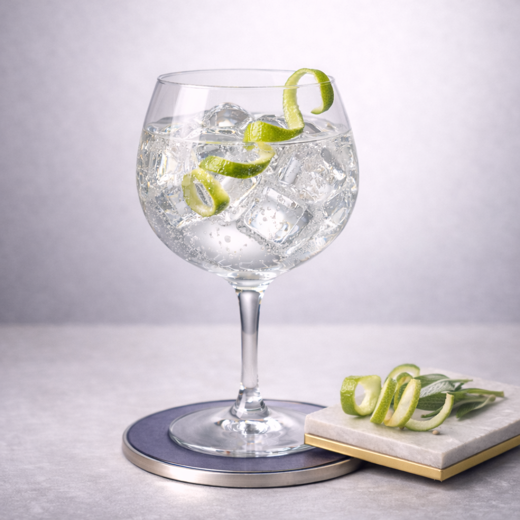 Gordon's Gin servi avec Folkington's English Garden Tonic Water, agrémenté de thin twist of lime peel
