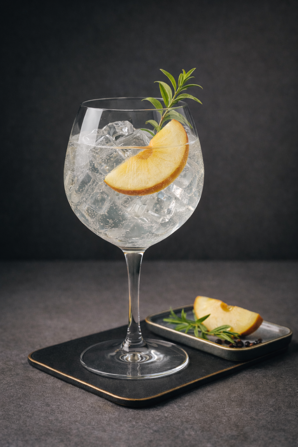 Alqueva Premium Gin served with Thomas Henry Tonic Water, garnished with Golden Apple Slice and Lemon Verbena Sprig