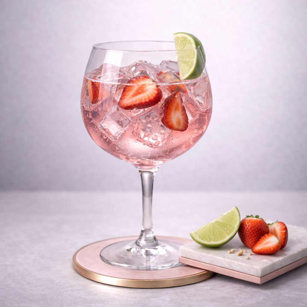 Mermaid Pink Gin served with Fever-Tree Elderflower Tonic Water, garnished with Fresh lime wedge and Freshly sliced strawberries