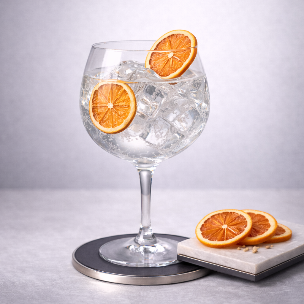 Aviation American Gin served with Fentimans Oriental Yuzu Tonic, garnished with dehydrated orange wheel