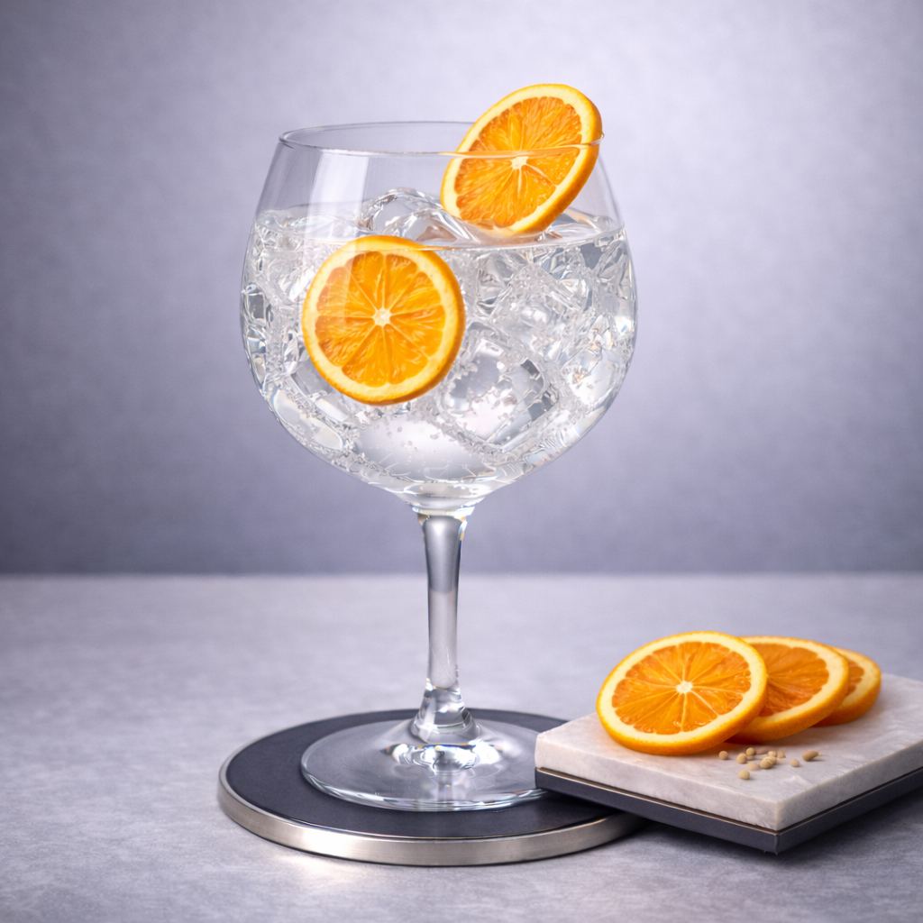 Zuidam Dutch Courage Dry Gin served with Fever-Tree Mediterranean Tonic Water, garnished with Thin slice of fresh orange