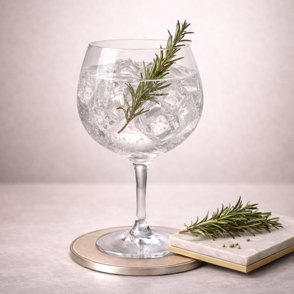 Zing 72 Botanical Gin served with Fever-Tree Mediterranean Tonic Water, garnished with lightly singed fresh rosemary sprig