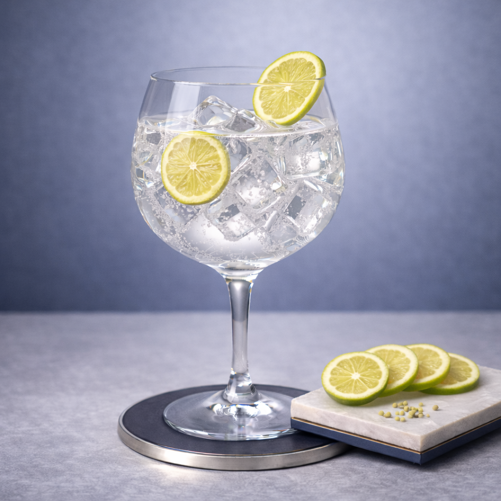 Wild Wombat Gin served with Barker & Quin Light at Heart Tonic Water, garnished with Thin slice of fresh finger lime