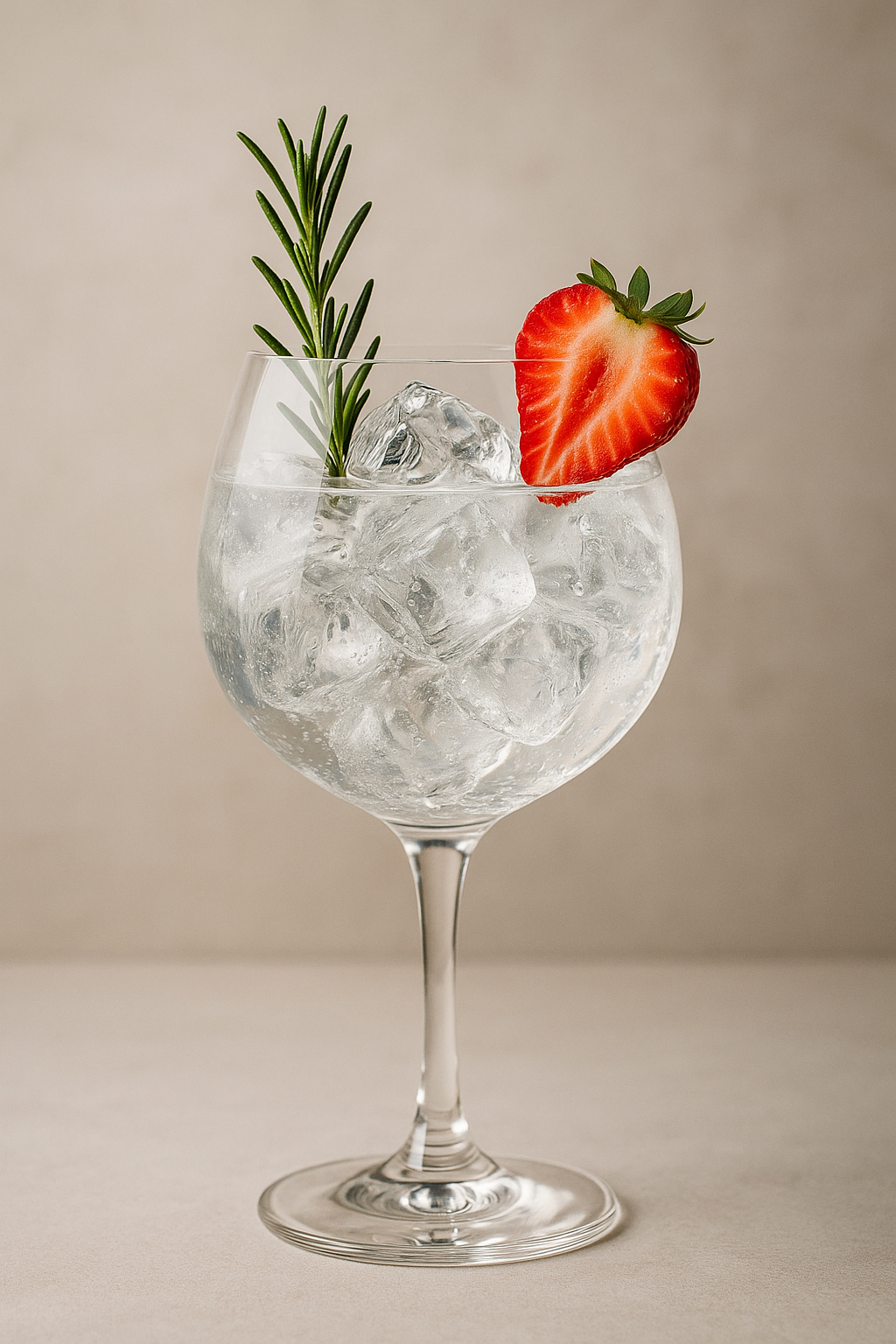 1128 Gin Frutos Vermelhos served with Thomas Henry Elderflower Tonic, garnished with Fresh Rosemary Sprig and Strawberry Slice