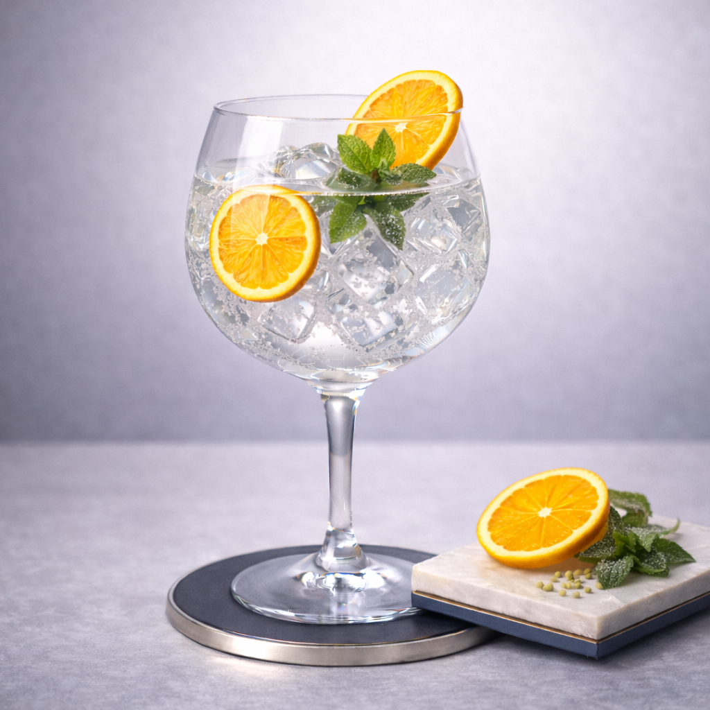 Wien Gin served with Thomas Henry Elderflower Tonic, garnished with Thin slice of fresh orange and Lightly bruised mint sprig