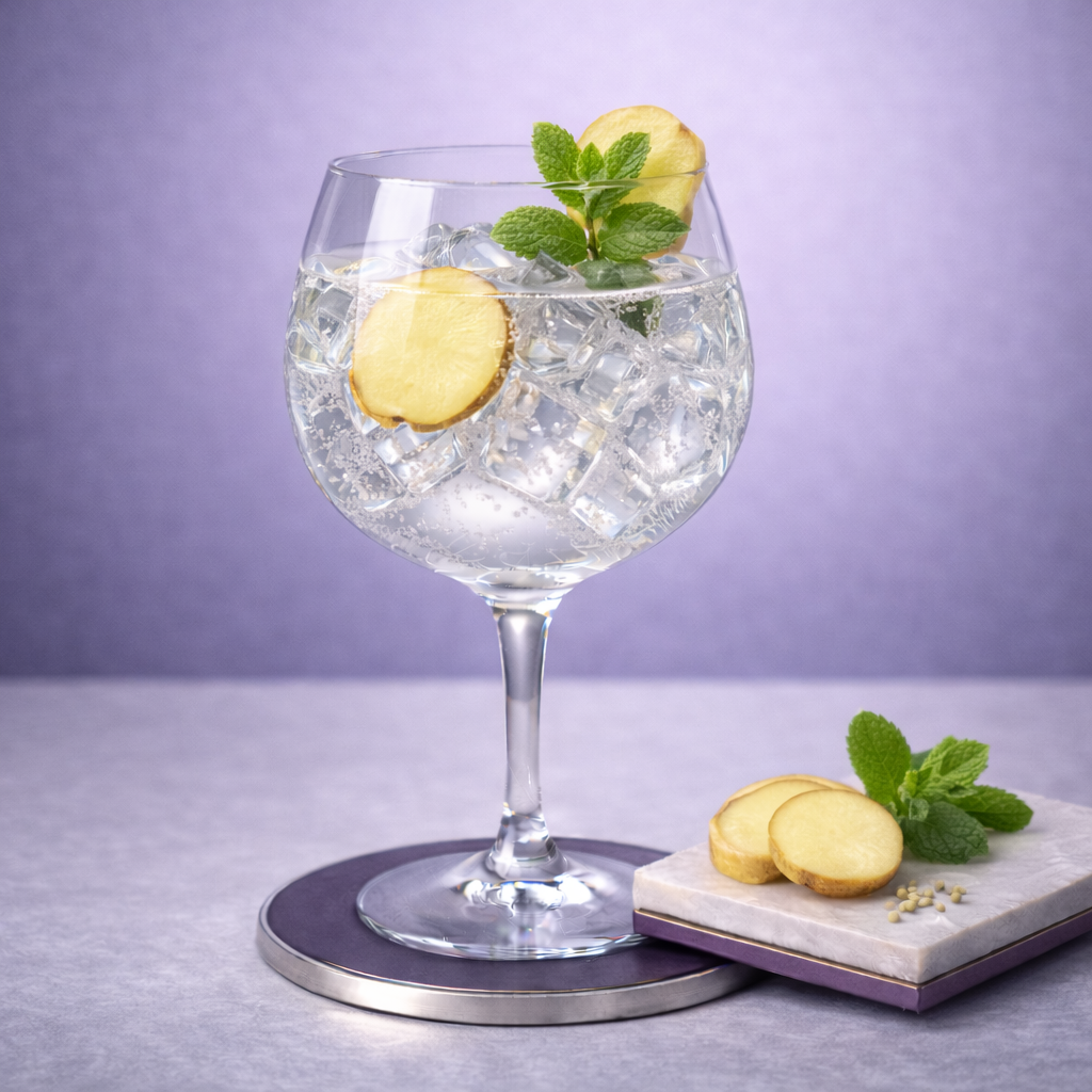 Whitley Neill Rhubarb & Ginger Gin served with Fever-Tree Mediterranean Tonic Water, garnished with thin slice of fresh ginger and sprig of mint