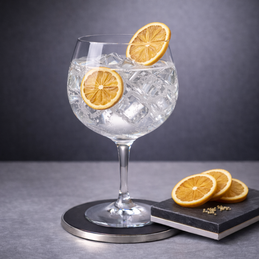 Whitley Neill Small Batch served with Barker & Quin Light at Heart Tonic Water, garnished with thin slice of dehydrated lemon