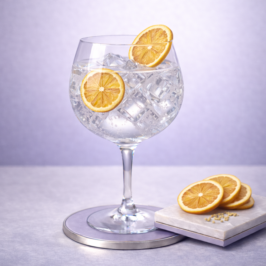 Whitley Neill Parma Violet Gin served with Fever-Tree Elderflower Tonic Water, garnished with dehydrated lemon wheel