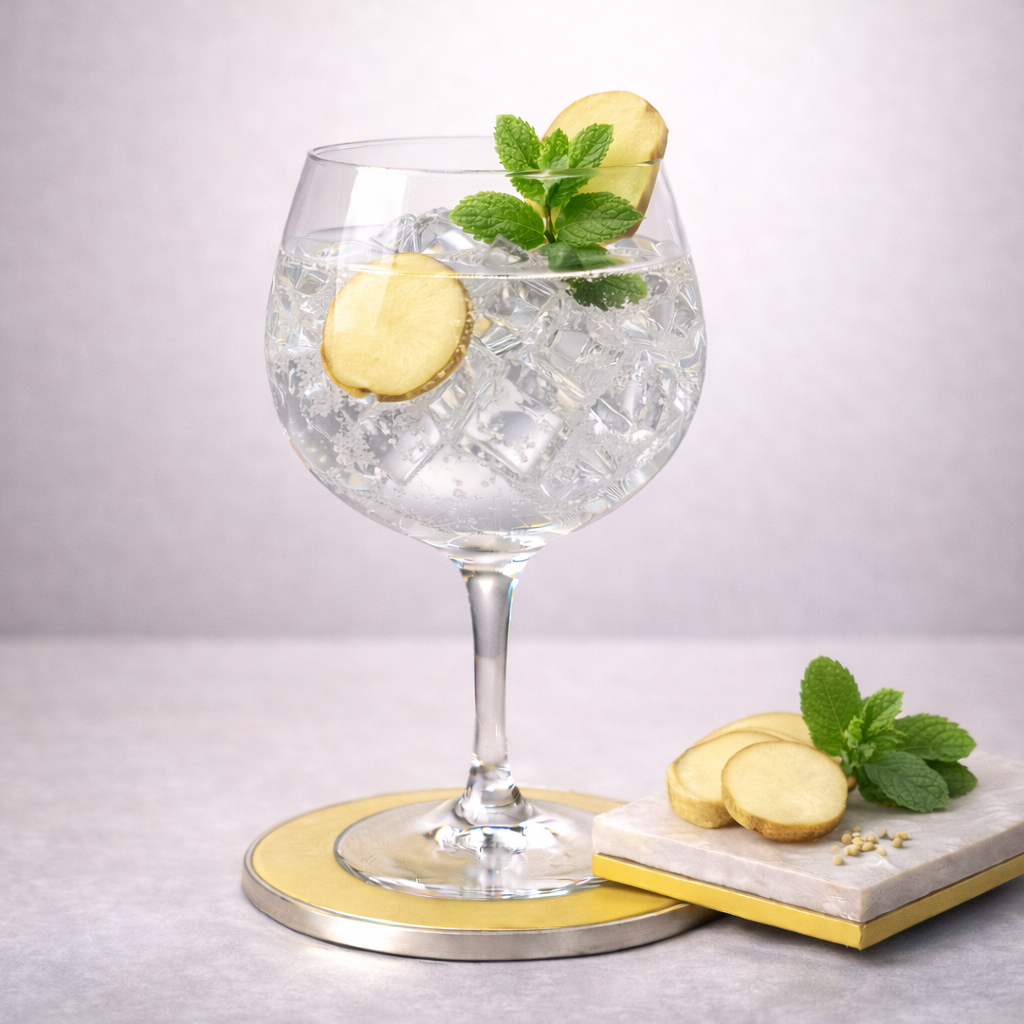 Whitley Neill Lemongrass & Ginger Gin served with Lamb & Watt Naturally Light Tonic Water, garnished with Fresh mint sprig, lightly slapped and Thin slice of fresh ginger