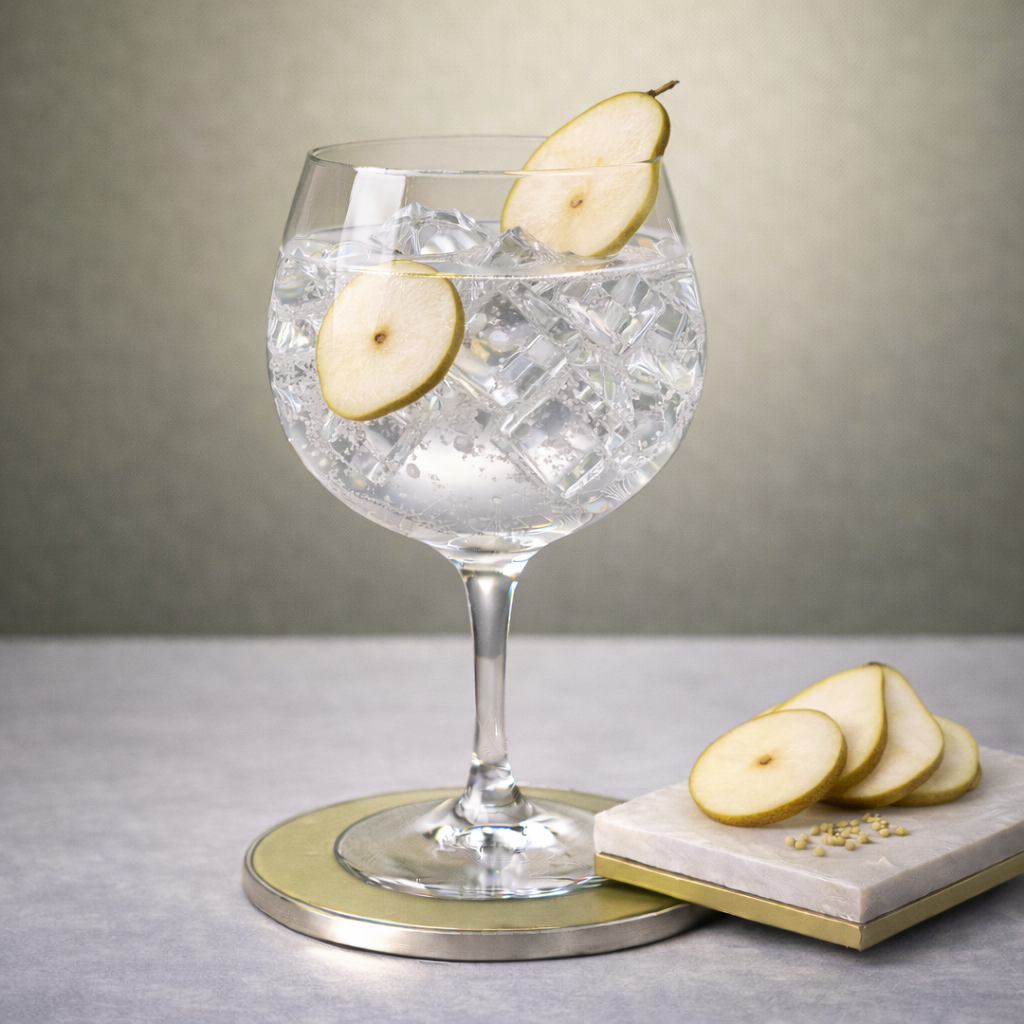 Whitley Neill Gooseberry Gin servi avec Fever-Tree Refreshingly Light Indian Tonic Water, agrémenté de thin slice of fresh pear