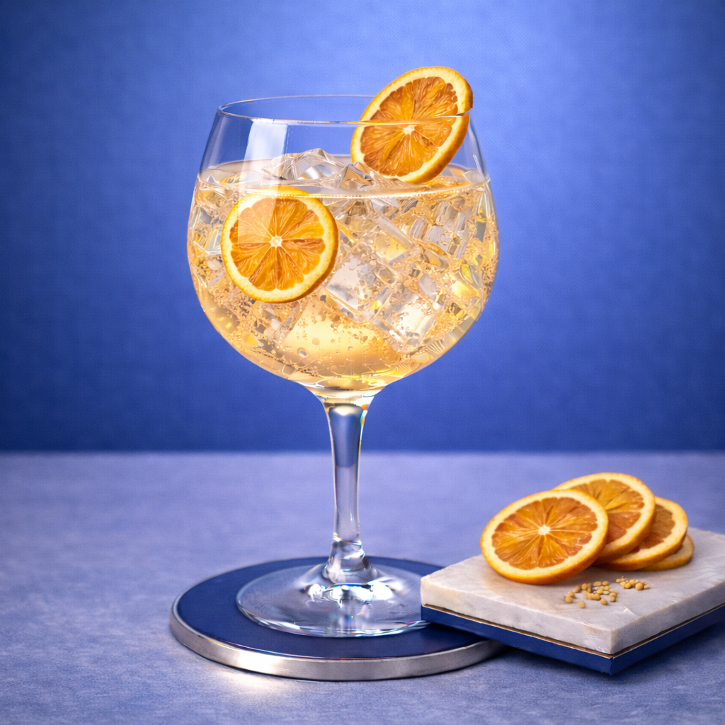 Whitley Neill Distiller's Cut London Dry Gin servi avec Fentimans Valencian Orange Tonic Water, agrémenté de dehydrated orange wheel