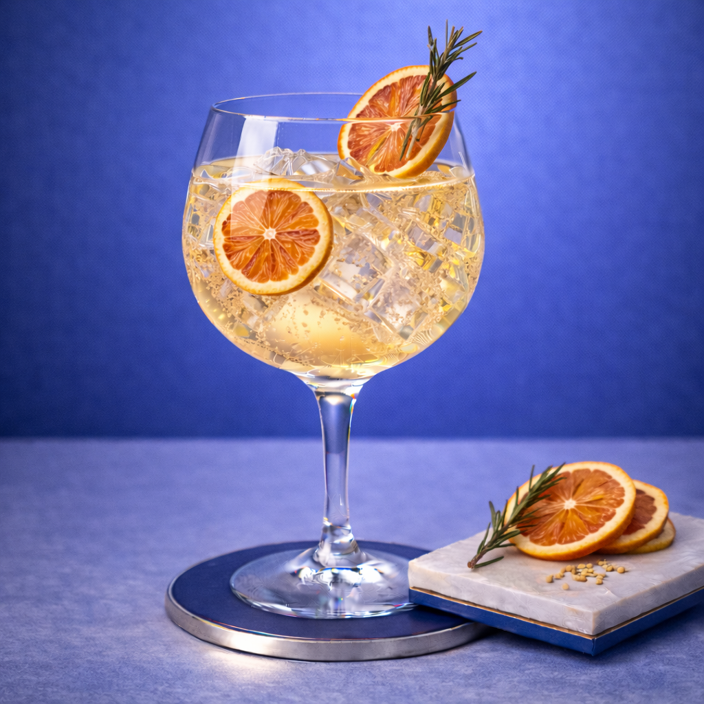Whitley Neill Connoisseur's Cut servi avec Fentimans Valencian Orange Tonic Water, agrémenté de dehydrated grapefruit wheel et lightly singed rosemary sprig