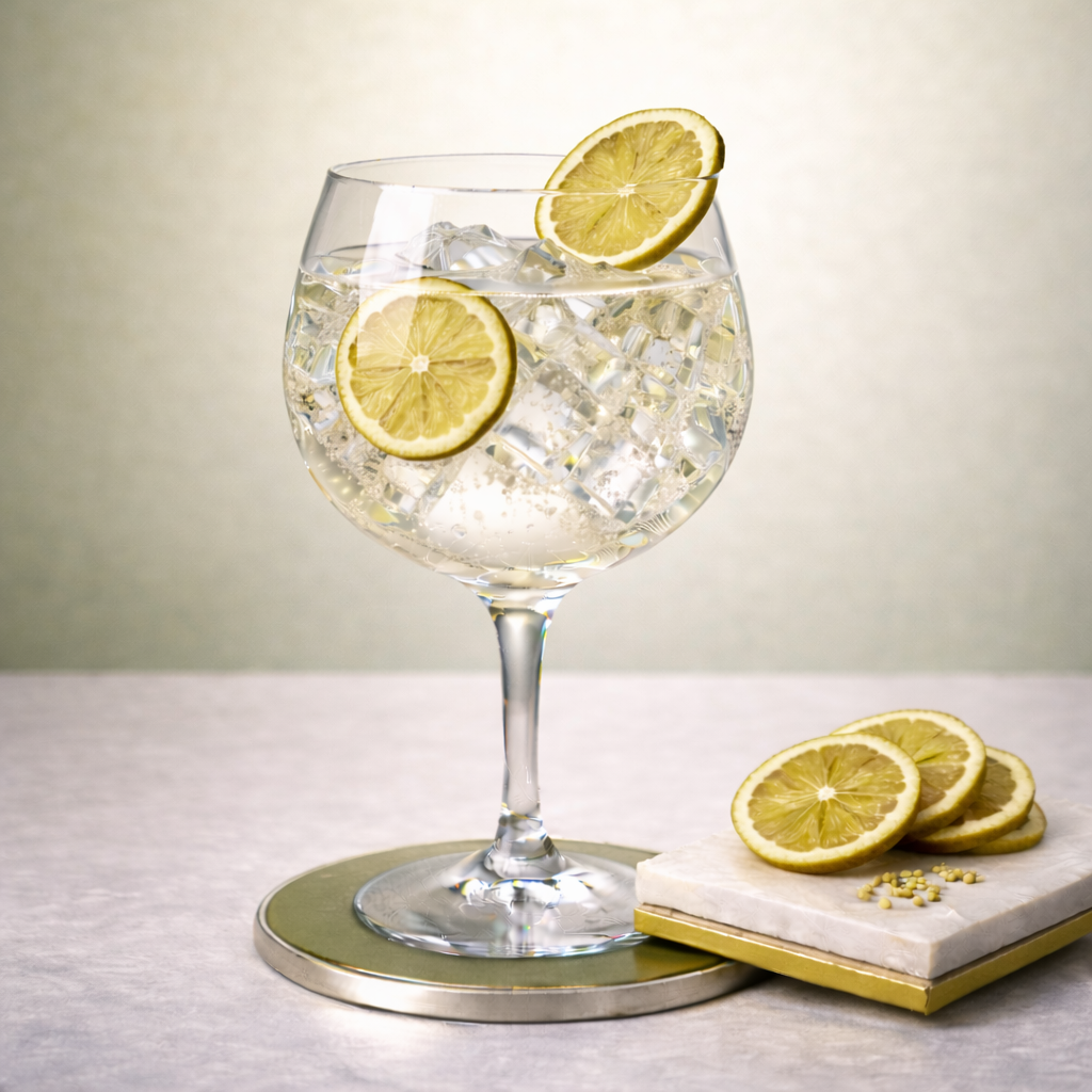 Whitley Neill Brazilian Lime servi avec East Imperial Yuzu Tonic, agrémenté de thin slice of dehydrated lime