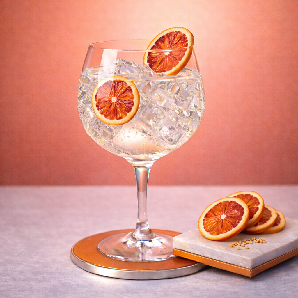 Whitley Neill Blood Orange Gin served with East Imperial Yuzu Tonic, garnished with thin slice of dehydrated blood orange