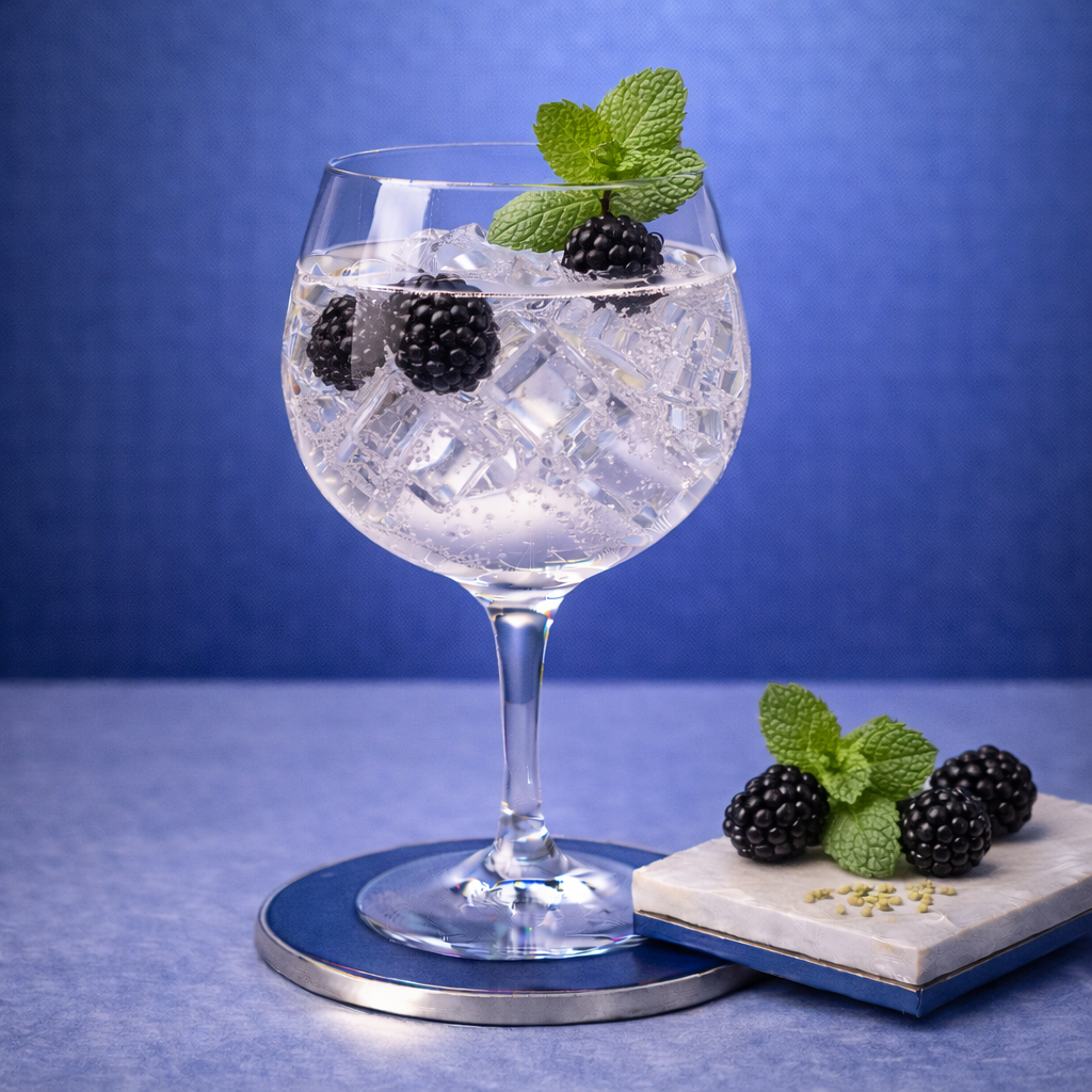 Whitley Neill Blackberry Gin served with Lamb & Watt Hibiscus Tonic Water, garnished with Fresh mint sprig, lightly clapped and Fresh blackberries