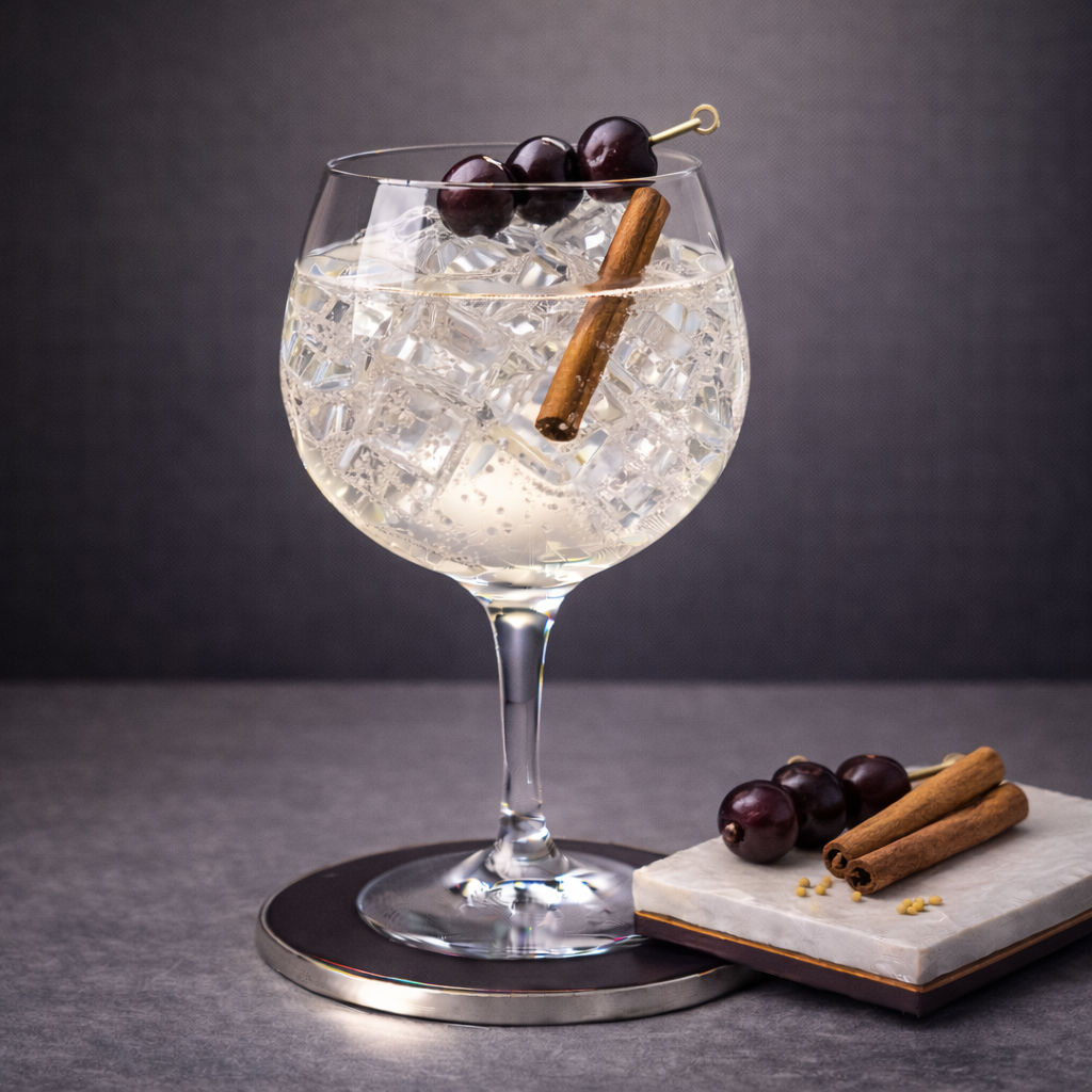 Whitley Neill Black Cherry Gin served with Thomas Henry Tonic Water, garnished with Skewer of fresh black cherries and Cinnamon stick