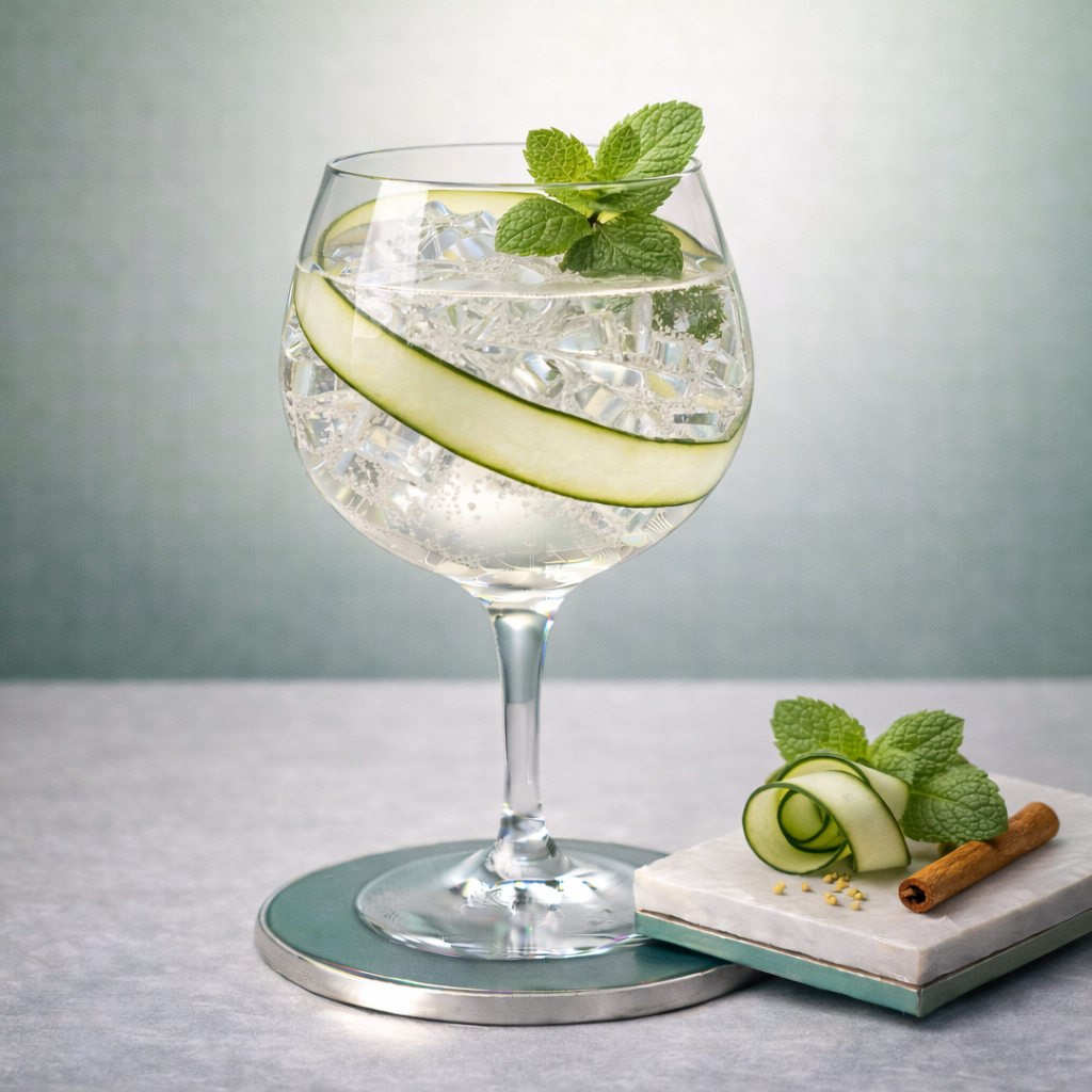 Whitley Neill Aloe Cucumber servi avec Lamb & Watt Cucumber Tonic Water, agrémenté de Thin cucumber ribbon twisted along the inner rim et Fresh mint sprig
