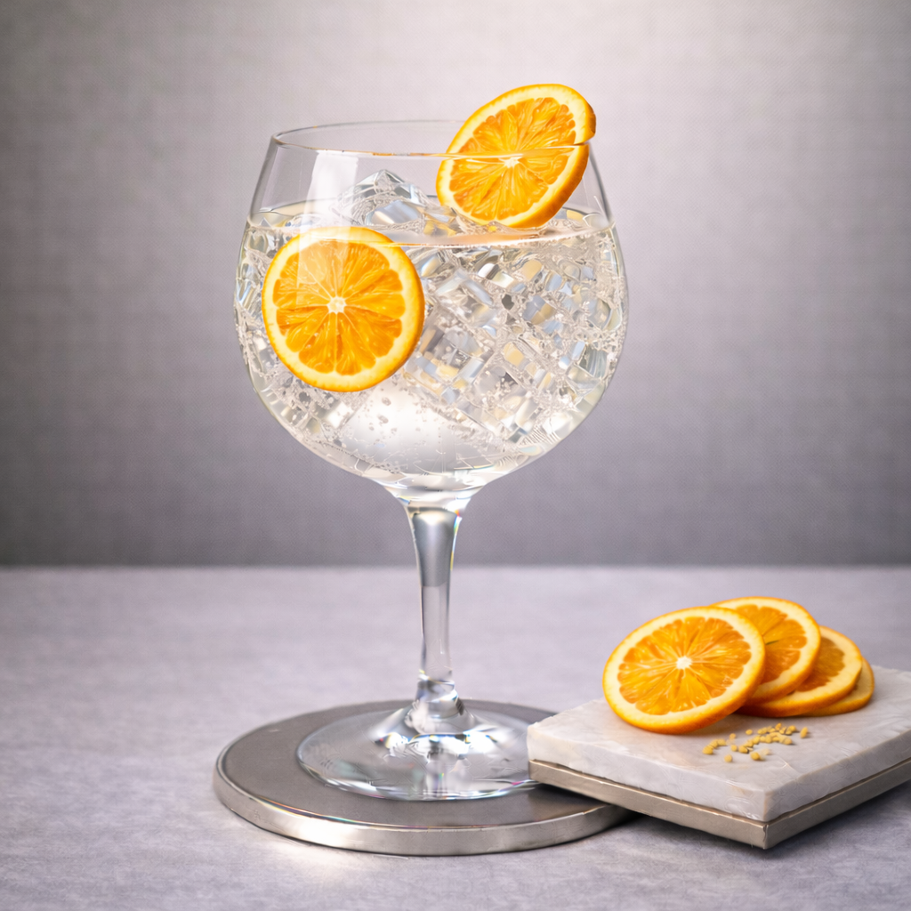 Wenneker Elderflower Dry Gin served with Franklin & Sons Premium Indian Tonic Water, garnished with Thin slice of fresh orange