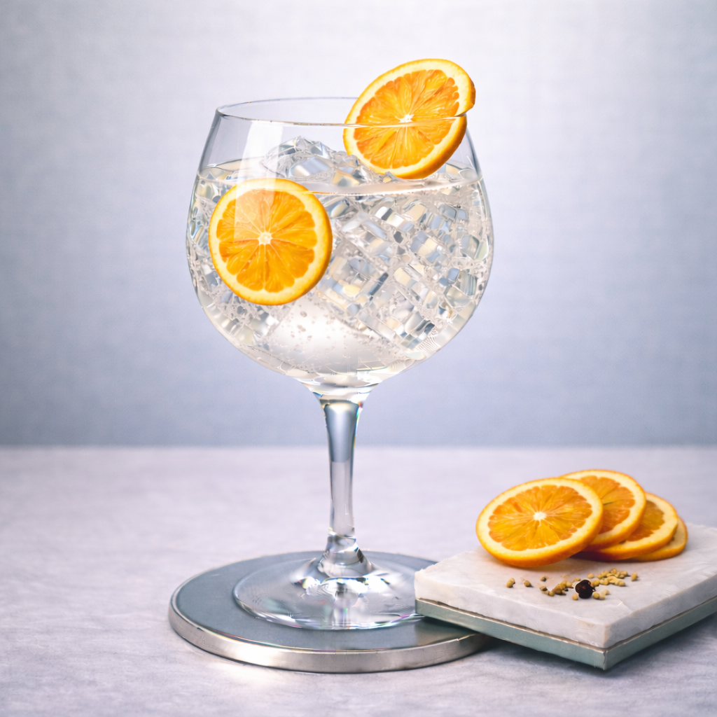 Wellinghouse Premium London Dry Gin servi avec Thomas Henry Tonic Water, agrémenté de thin slice of fresh orange