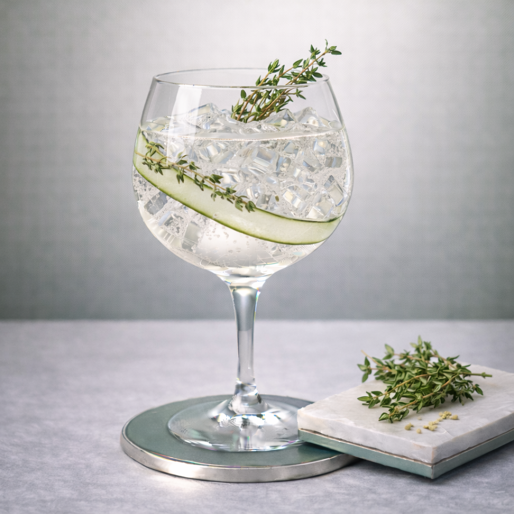 WacholderBar Organic Dry Gin served with Thomas Henry Dry Tonic, garnished with Fresh thyme sprig, lightly bruised