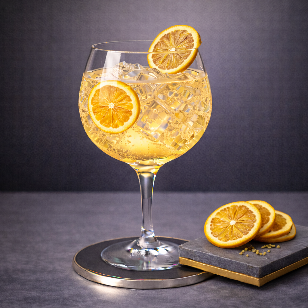 Vording's Gin served with Fentimans Valencian Orange Tonic Water, garnished with thin slice of dehydrated lemon