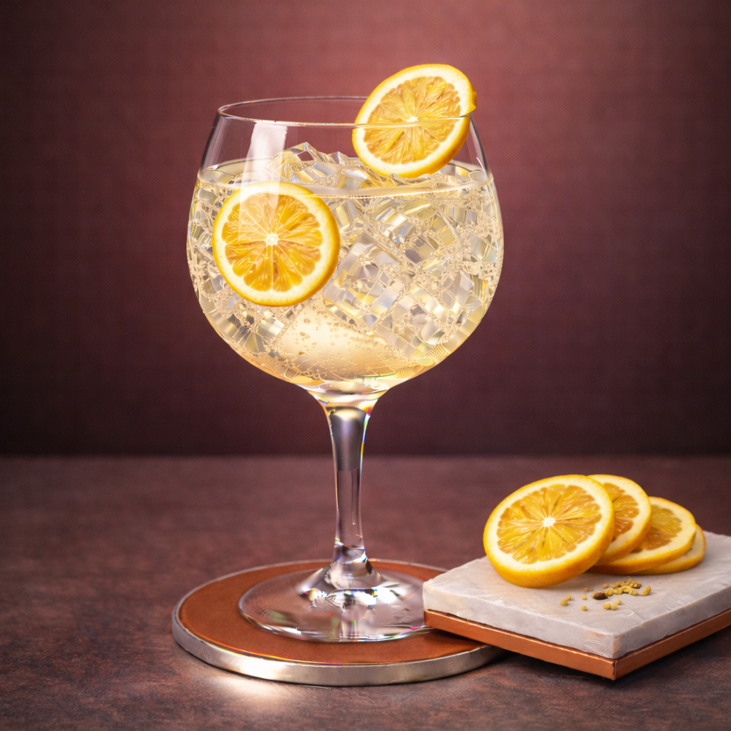 Tokiiro Niigata Gin served with East Imperial Yuzu Tonic, garnished with Thin slice of fresh yuzu