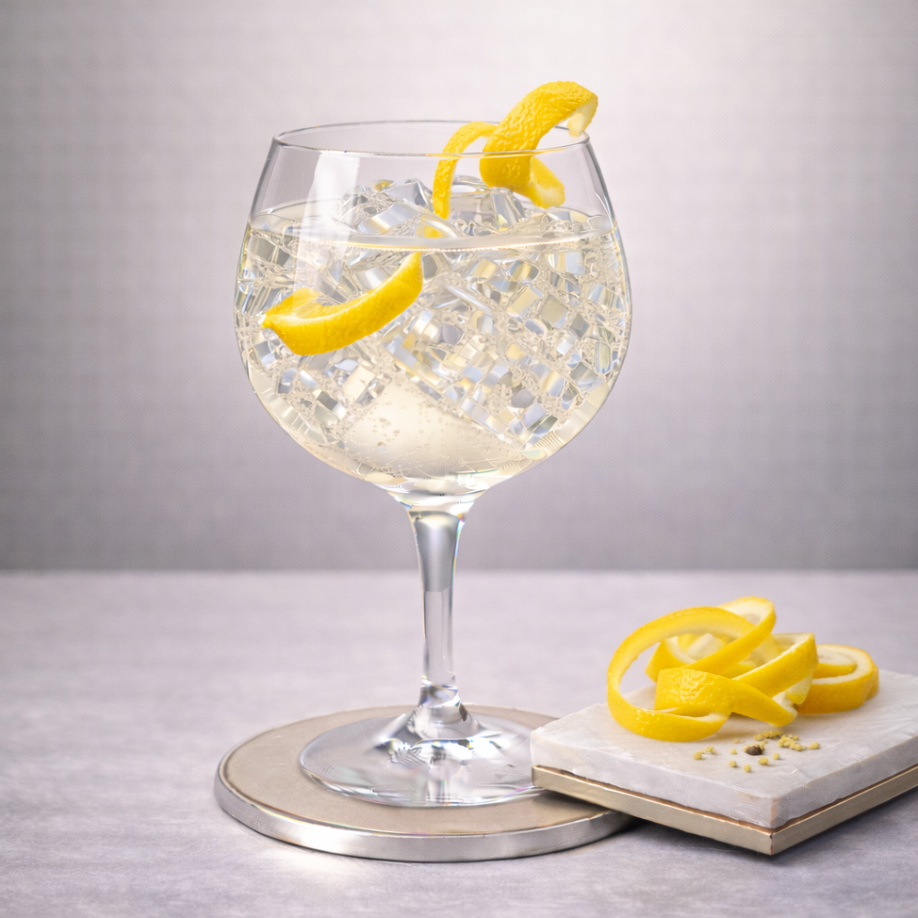 Tokyo Nights served with East Imperial Yuzu Tonic, garnished with Thin slice of fresh yuzu peel