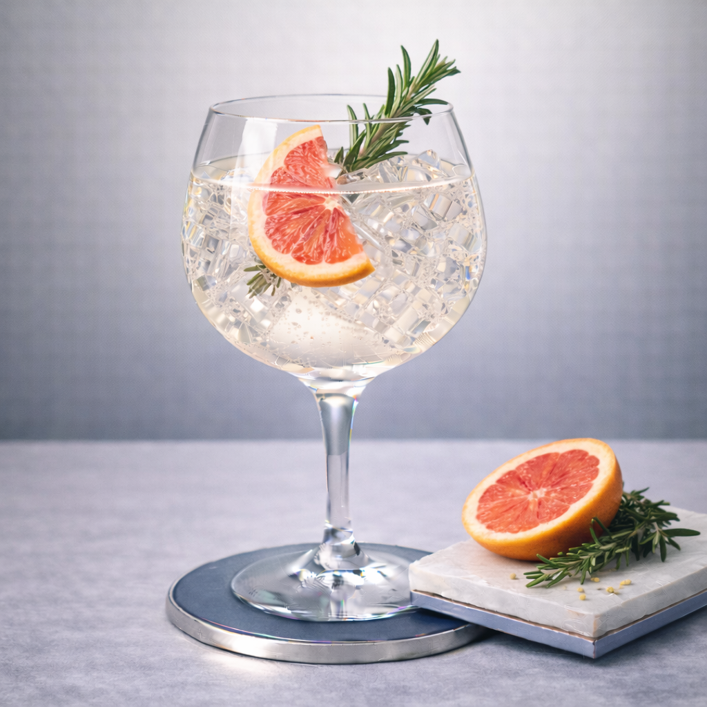 Thoralm Dry Gin servi avec Fentimans Connoisseurs Tonic Water, agrémenté de Fresh rosemary sprig, gently bruised et Thin slice of pink grapefruit