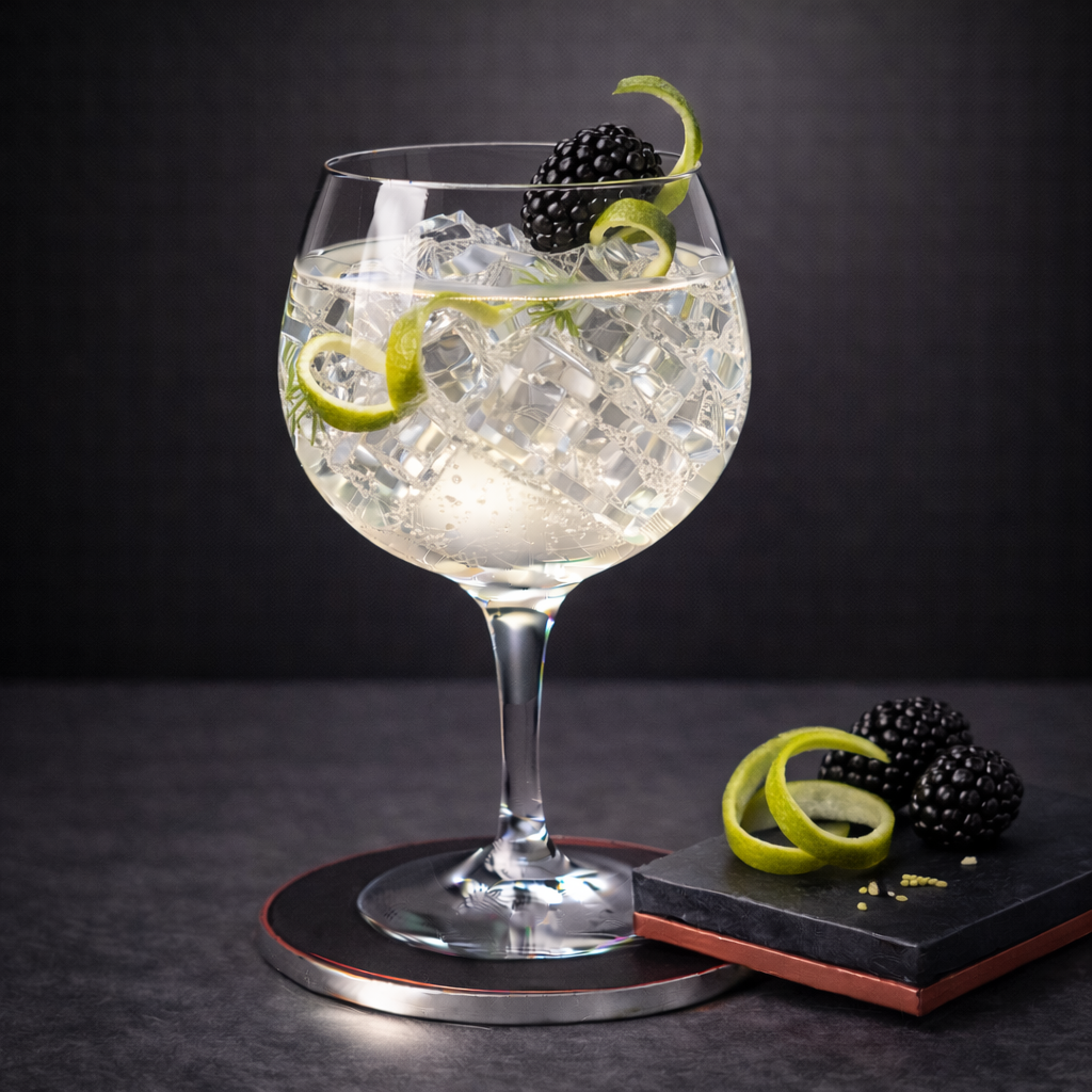 The Illusionist Gin FC Bayern München Edition served with Thomas Henry Elderflower Tonic, garnished with fresh blackberry and lime peel twist