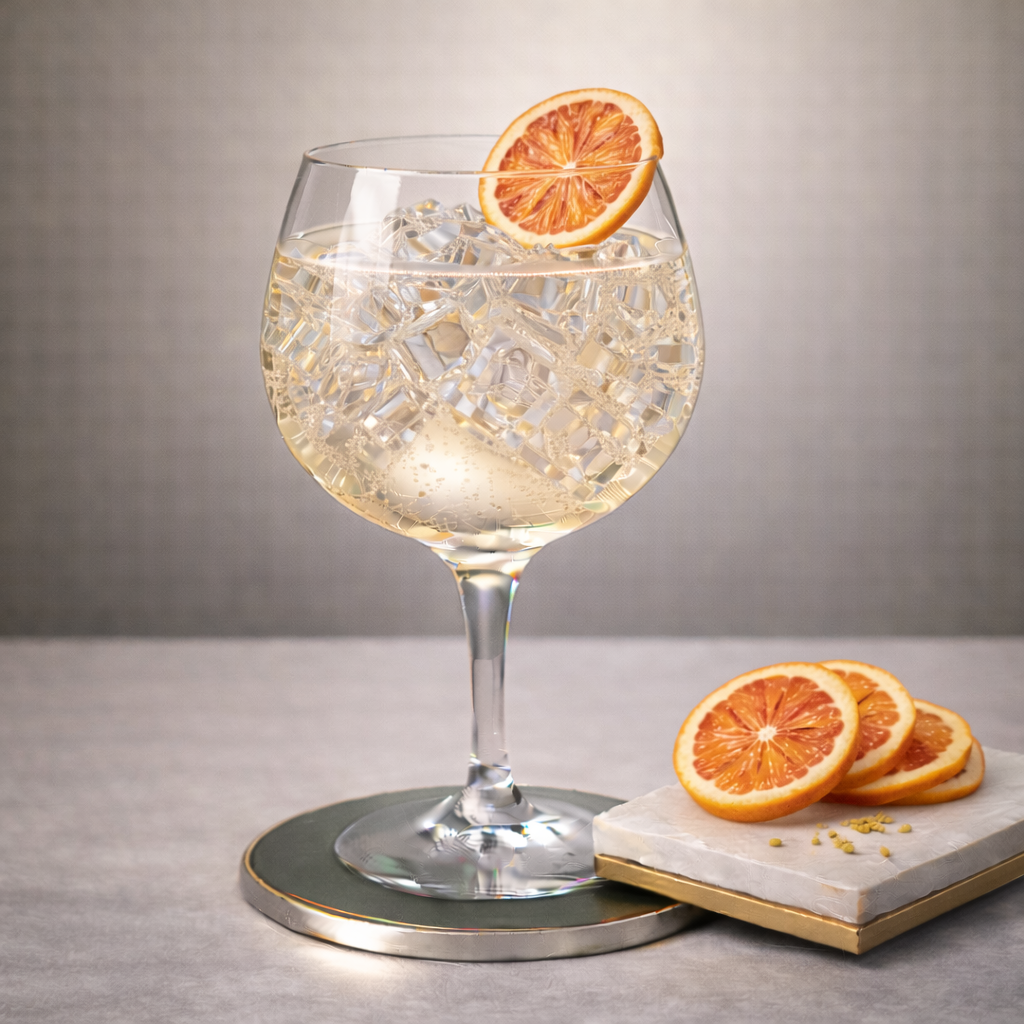 The London No. 1 Sherry Cask Gin servi avec London Essence Grapefruit & Rosemary Tonic Water, agrémenté de thin slice of dehydrated grapefruit