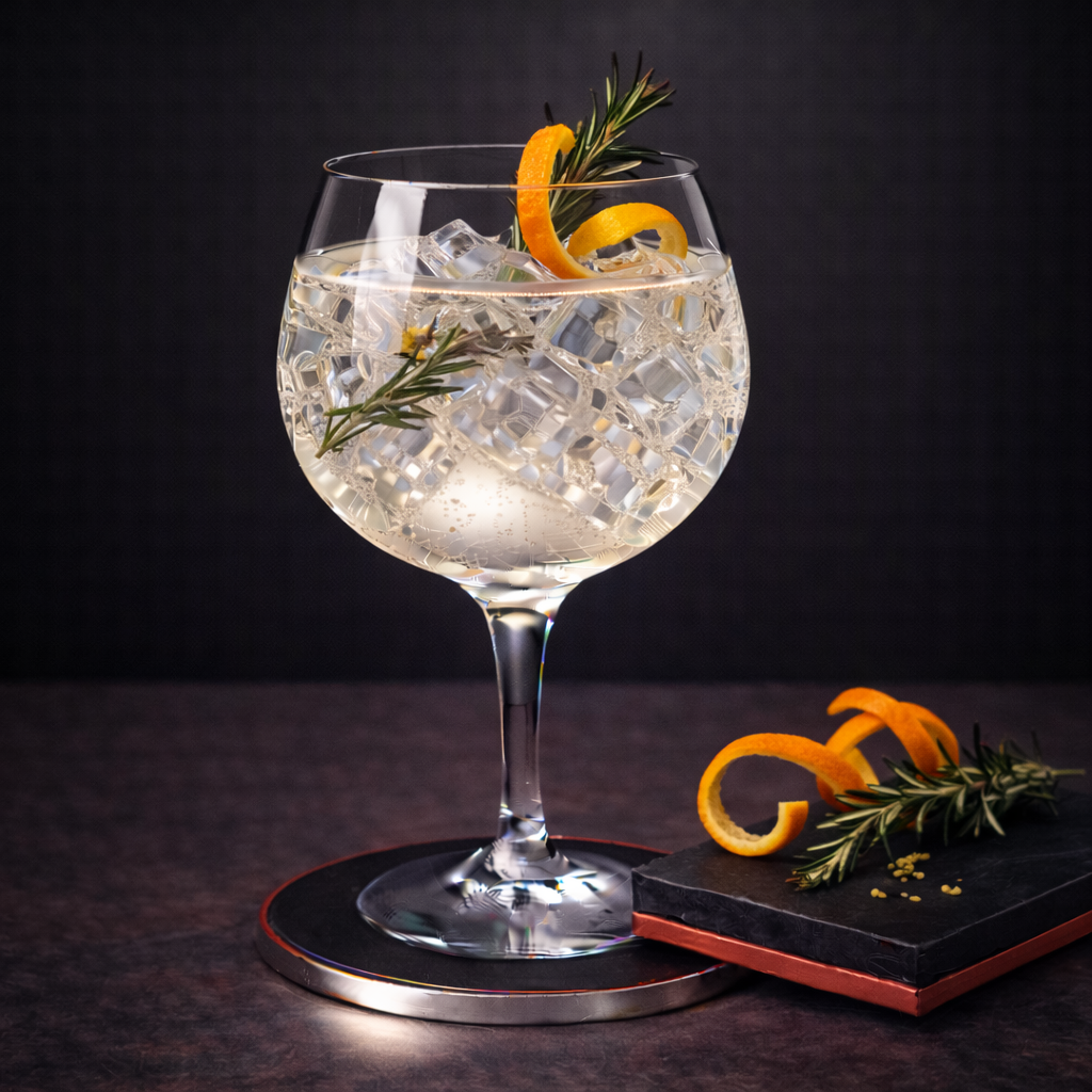 The Illusionist Dry Gin served with Fever-Tree Indian Tonic Water, garnished with lightly singed rosemary sprig and orange zest twist