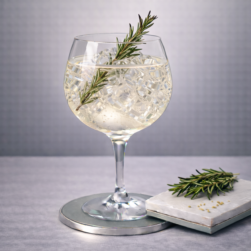 Wilderen Double You Gin served with Fever-Tree Elderflower Tonic Water, garnished with lightly singed rosemary sprig