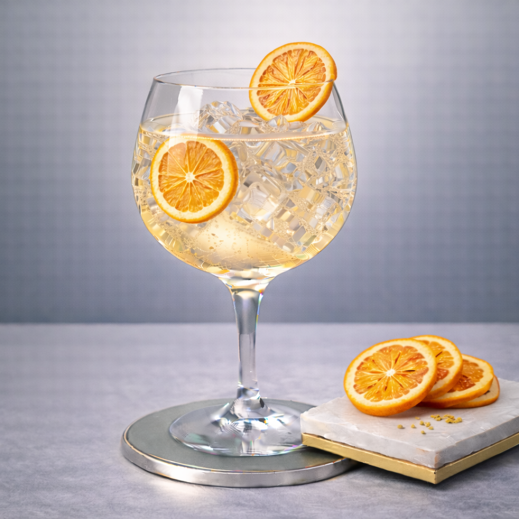 Gentenaar Gin served with Fentimans Valencian Orange Tonic Water, garnished with thin slice of dehydrated orange