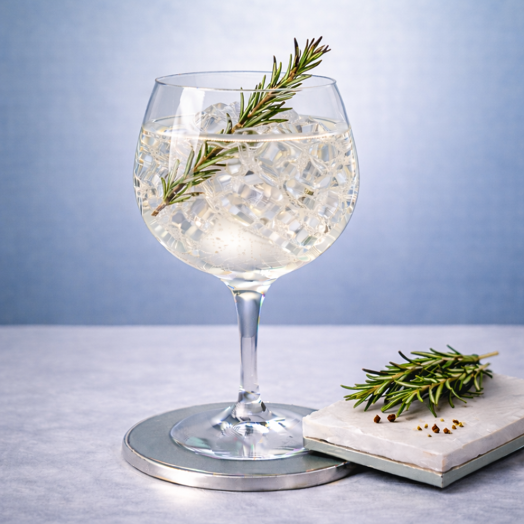 Dada Chapel Organic Dry Gin served with East Imperial Burma Tonic Water, garnished with lightly singed rosemary sprig