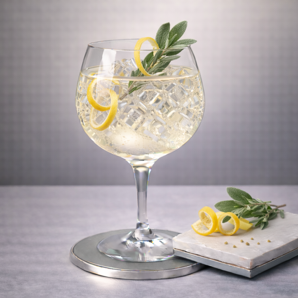 Uppercut Dry Gin servi avec Fentimans Herbal Tonic Water, agrémenté de Fresh sage sprig, lightly bruised et Thin slice of lemon peel