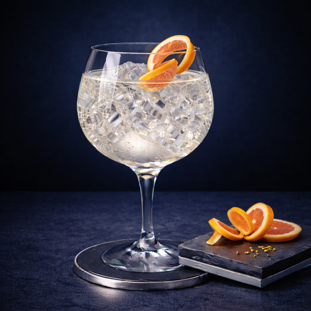 Diplôme Dry Gin served with Thomas Henry Tonic Water, garnished with Thin slice of grapefruit peel