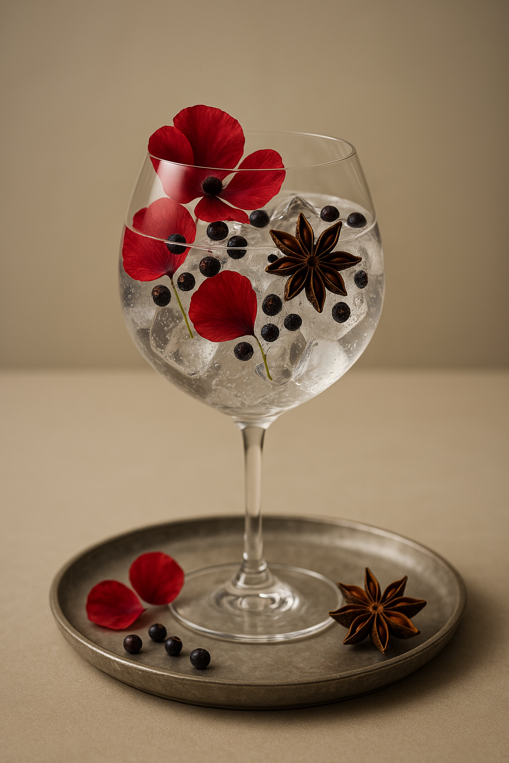Poppies Gin served with Thomas Henry Elderflower Tonic, garnished with Juniper berries and Star anise