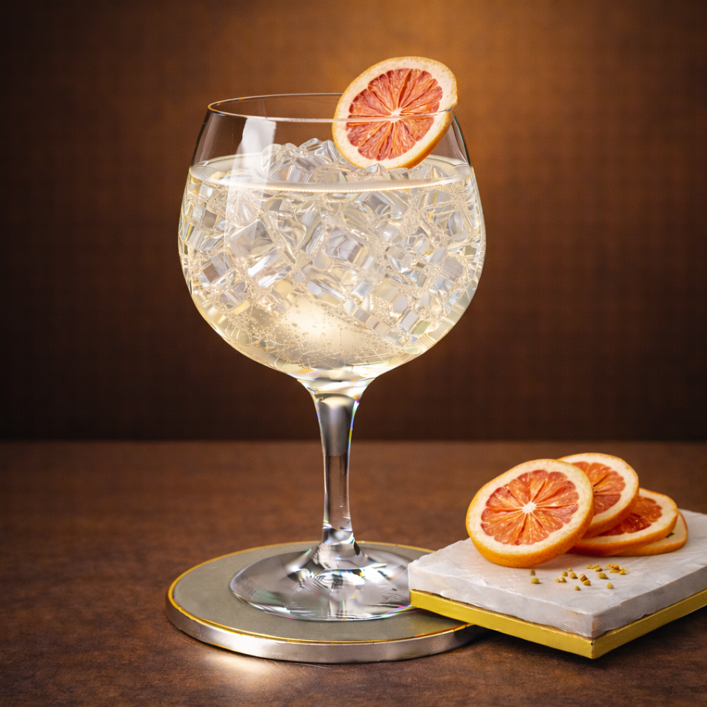 Sorgin served with East Imperial Yuzu Tonic, garnished with Thin slice of dehydrated grapefruit
